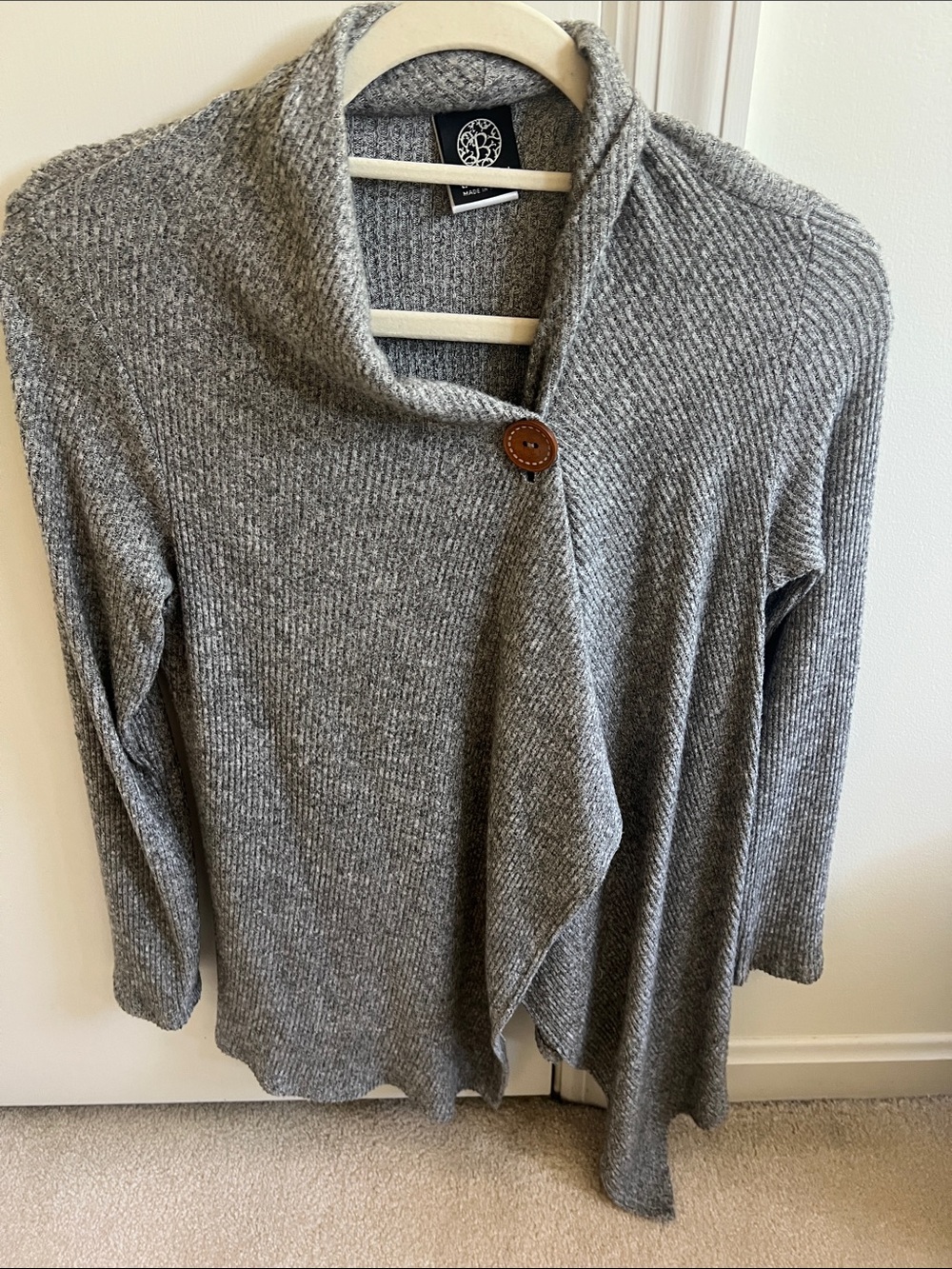bobeau Gray Asymmetric Draped Button Cardigan